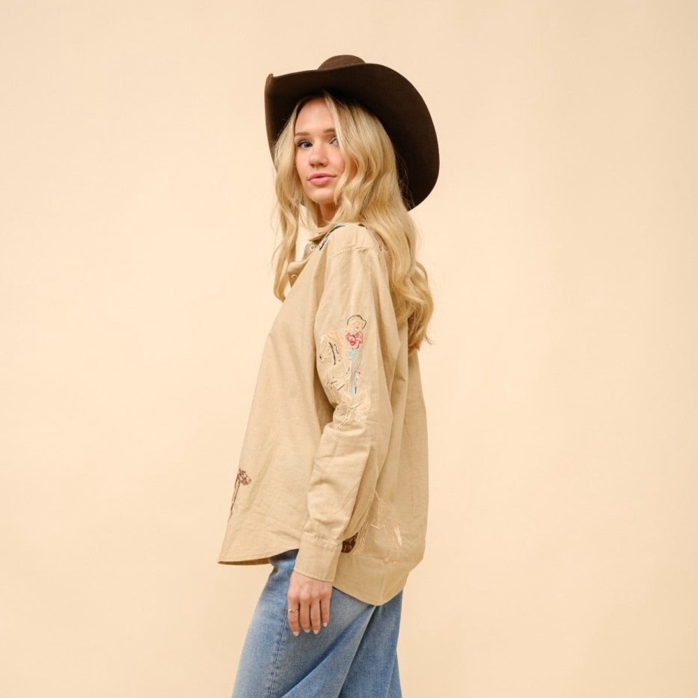 Embroidered Western Cowgirl Linen Shirt Blouse - Blue B - Picture 6 of 7